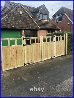 Tanalised Wooden Bi-folding Driveway Gates 12ft wide X 6ft high In Cottage Style